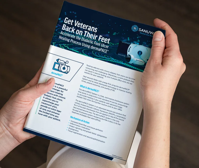 This image shows a promotional sheet for Sanuwave's dermaPACE®, highlighting its use in accelerating the healing of diabetic foot ulcers in veterans. It explains how the device works to improve blood flow and tissue regeneration, promoting faster healing. The sheet features an icon of the dermaPACE® device and emphasizes its effectiveness in treating chronic ulcers.