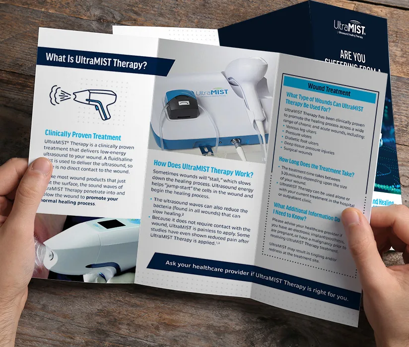 The image shows a trifold brochure for Sanuwave's UltraMIST® Therapy, designed to provide information on the treatment. It includes details on the therapy's clinically proven effectiveness, how it works to promote healing by reducing bacteria and stimulating the wound healing process, the types of wounds it can treat, and the treatment process itself. The brochure emphasizes asking healthcare providers whether UltraMIST® Therapy is right for patients.