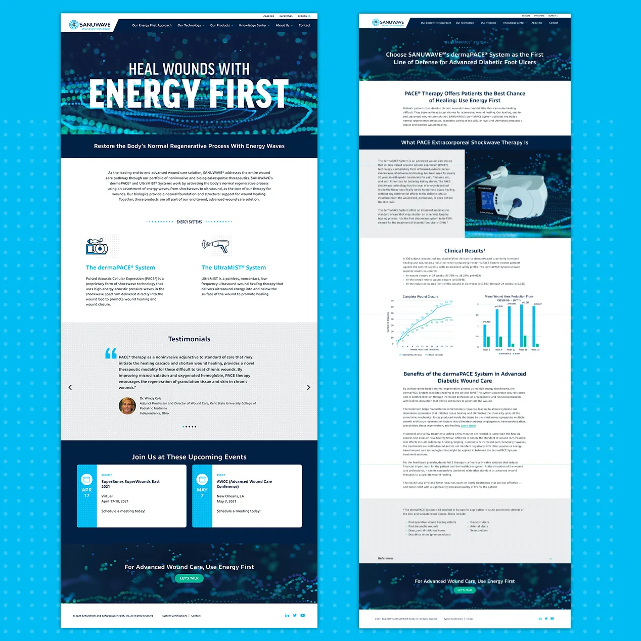The image shows a webpage for Sanuwave, focusing on their wound care technologies. The page features their "Heal Wounds with Energy First" tagline and highlights their two main products: the dermaPACE® System and the UltraMIST® System. It includes testimonials, upcoming events, and clinical results showing the effectiveness of their products in treating diabetic foot ulcers and promoting wound healing. The overall theme emphasizes the use of energy-based therapies for advanced wound care.