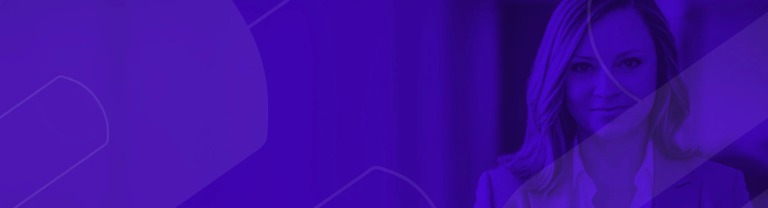 Headshot of Julie Blasingim with shoulder-length hair wearing a blazer, overlaid with a transparent purple filter and abstract geometric shapes.