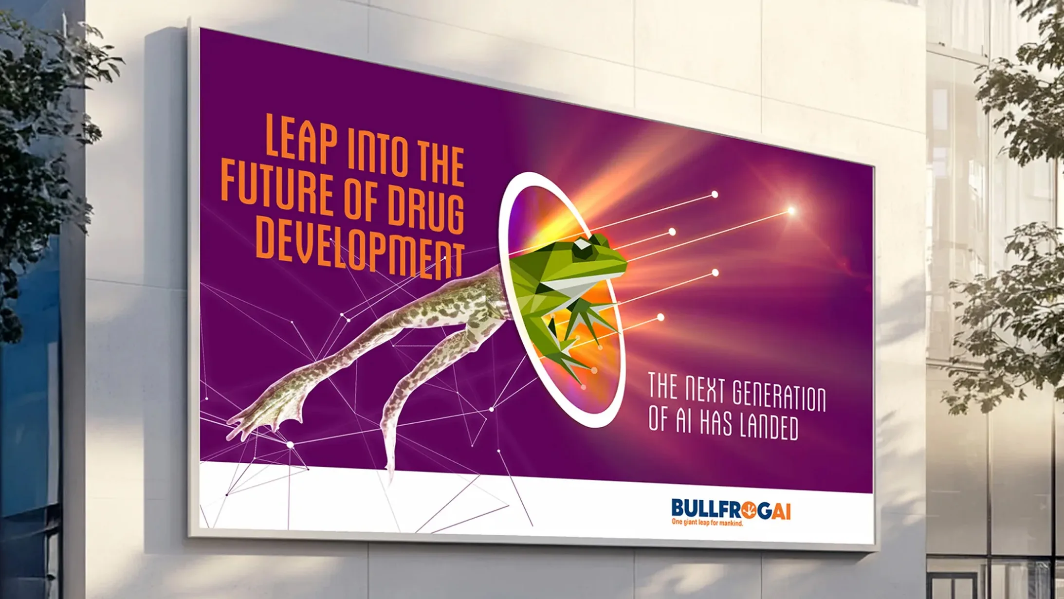 Billboard with a stylized digital frog leaping through a glowing portal, symbolizing innovation. Bold text reads 'Leap into the Future of Drug Development' and 'The Next Generation of AI Has Landed.' The BullFrog AI logo and tagline, 'One giant leap for mankind,' are at the bottom.