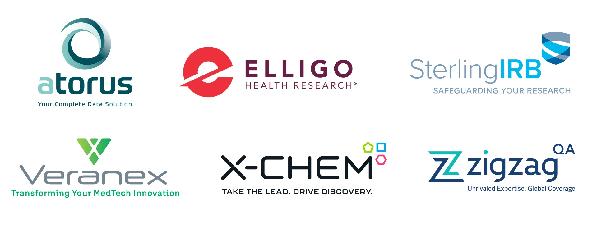 Grid of six company logos: Atorus, Elligo Health Research, Sterling IRB, Veranex, X-Chem, and Zigzag QA.
