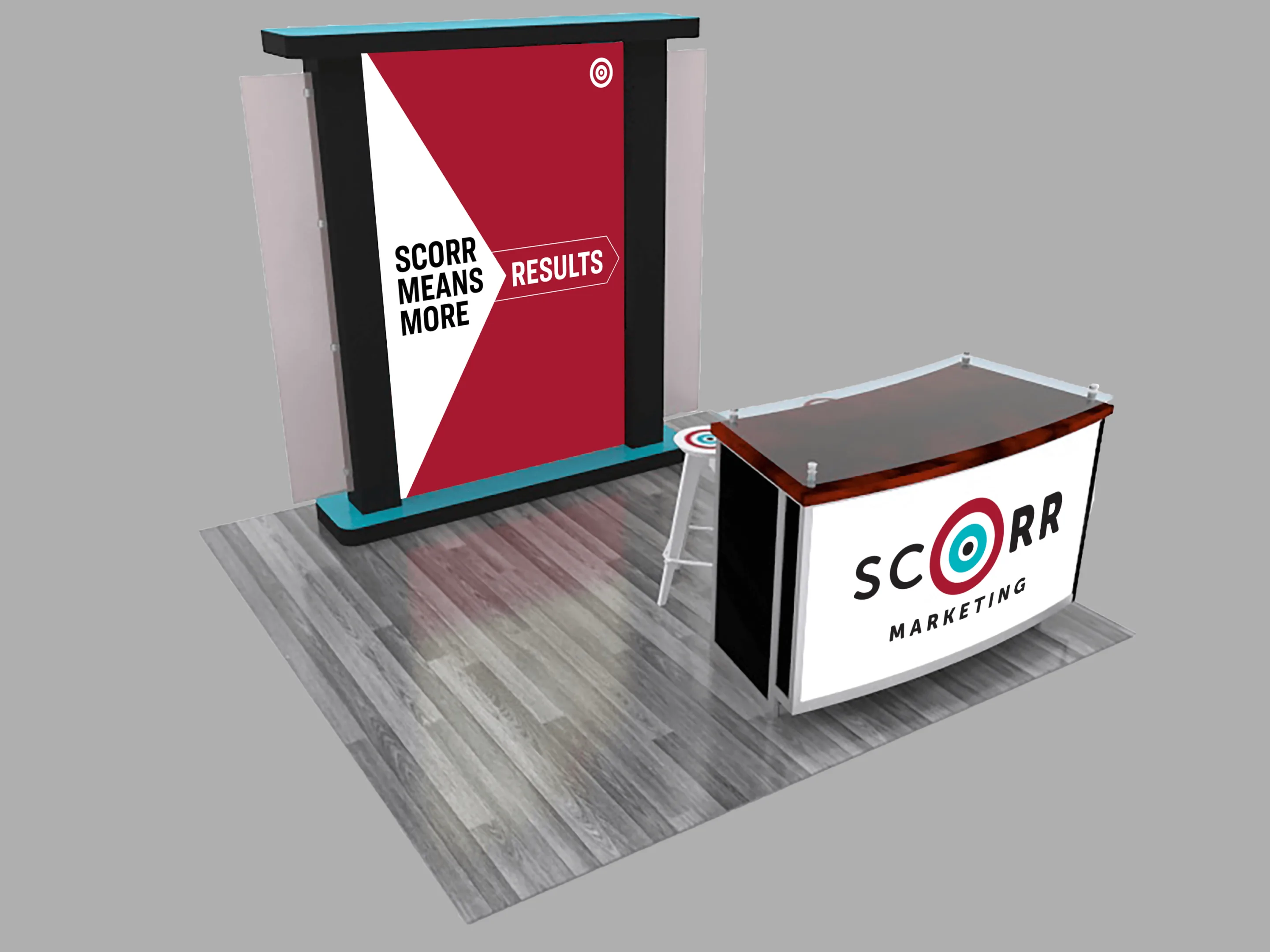 A compact 10x10 trade show booth with "SCORR MEANS MORE" messaging on a red and white backdrop. A front counter displays the SCORR Marketing logo, accompanied by a stool and wood-textured flooring.