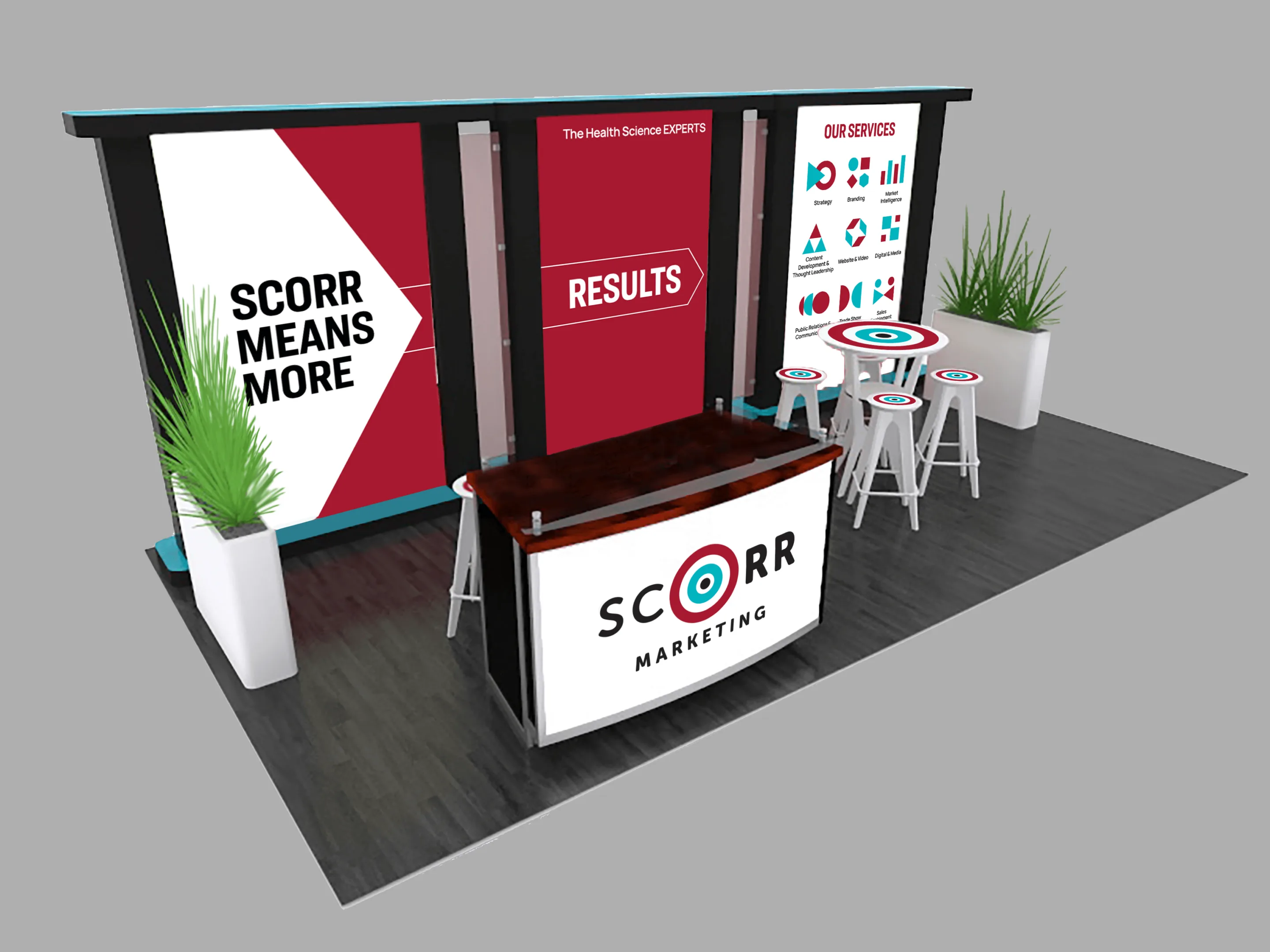 A 10x20 trade show booth featuring three red-and-white graphic panels reading "SCORR MEANS MORE," "RESULTS," and "OUR SERVICES." The SCORR logo is on a front counter, with bar tables, stools, and potted plants creating a welcoming space.