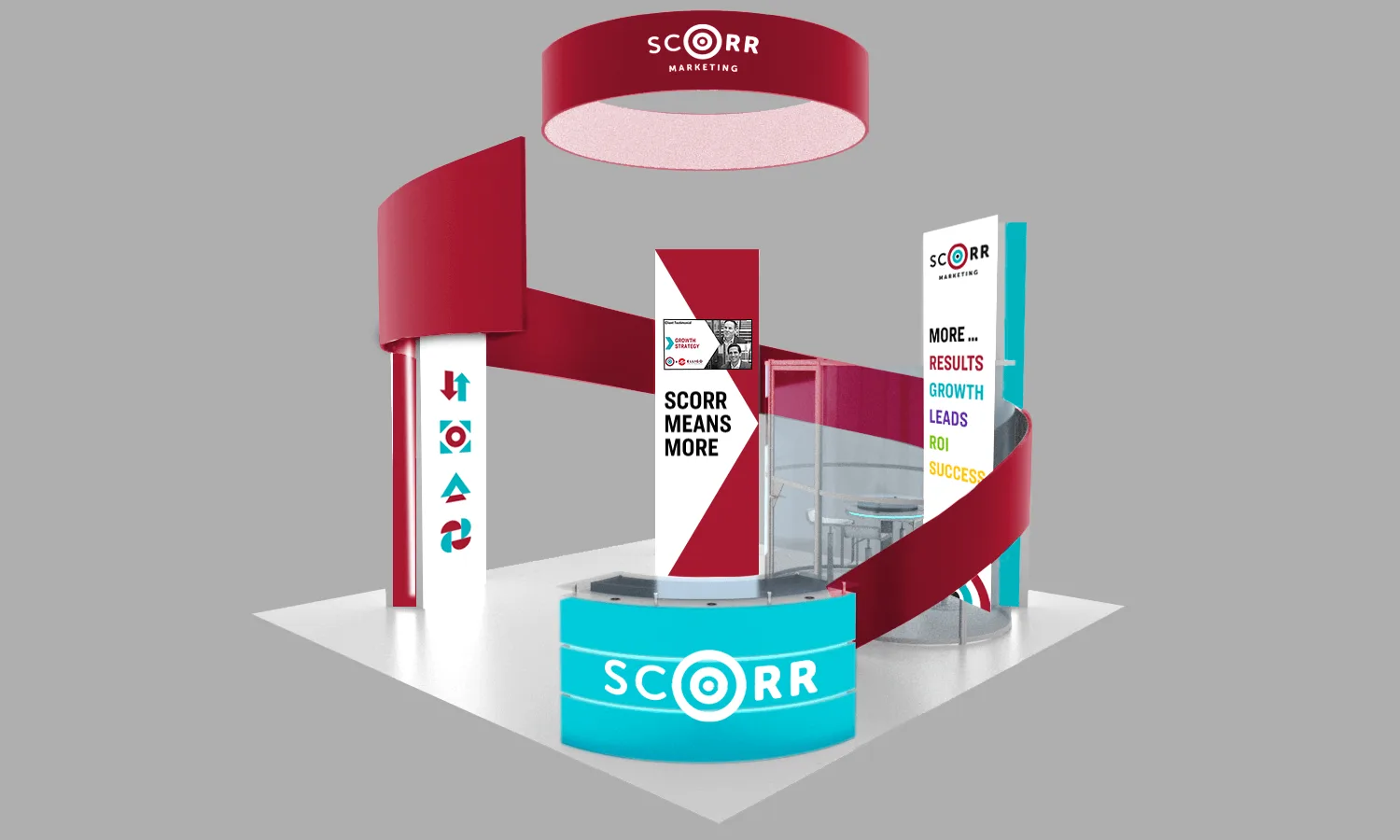 A large 20x20 island booth with tall branded columns, a red and white circular overhead sign, and a SCORR Marketing front desk. The space is enclosed with ribbon-like structures and contains tables and chairs for meetings.