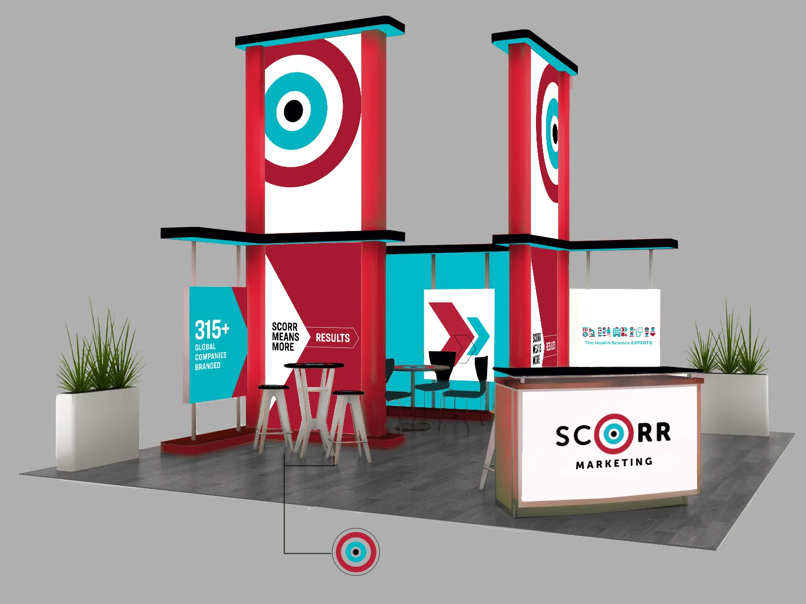 A two-tower trade show booth with high-rise branding structures. Red, teal, and white panels display messaging like "315+ Global Companies Branded" and "SCORR MEANS MORE." The layout includes multiple counters, bar stools, and potted plants.
