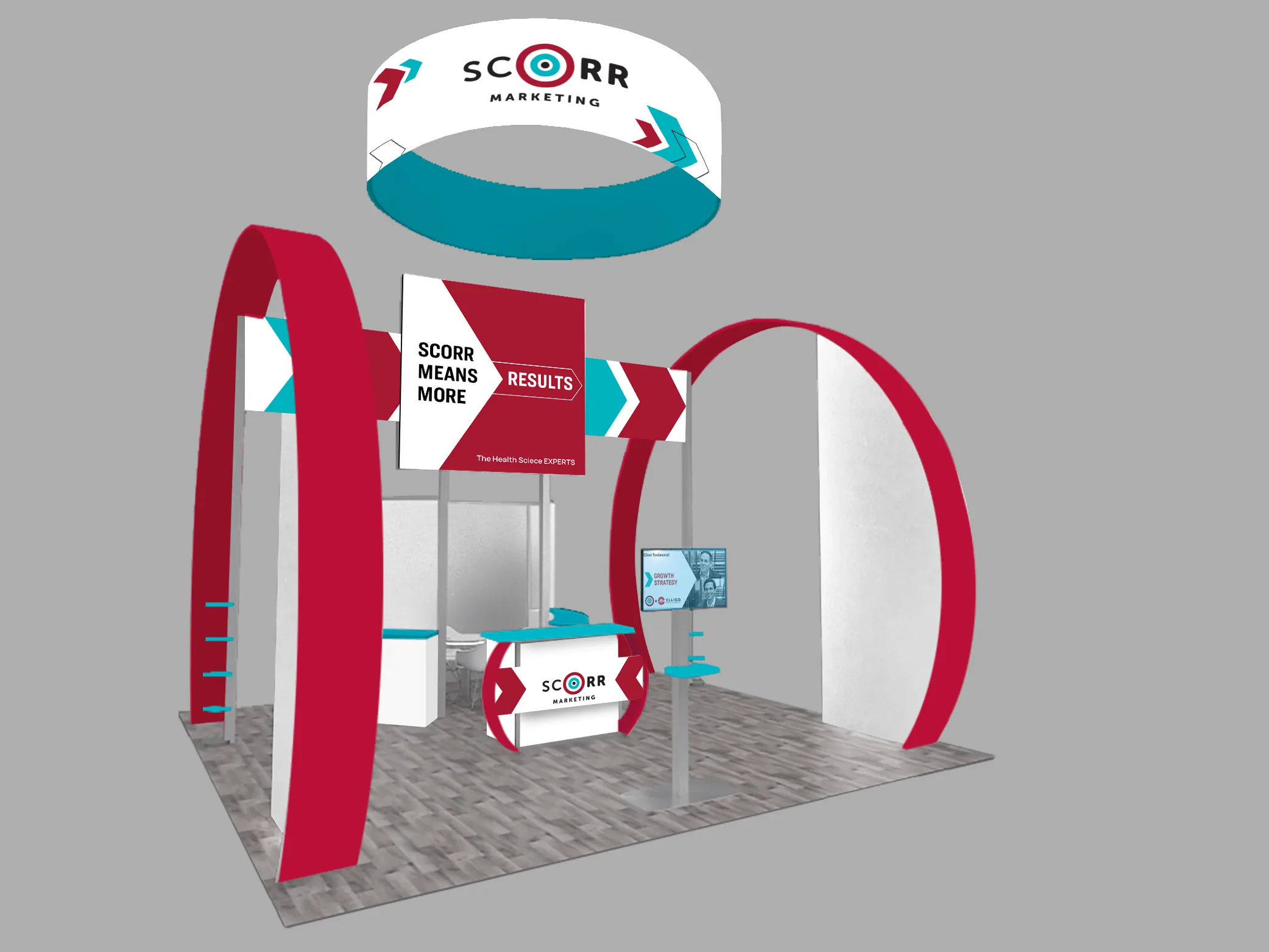 A bold 20x20 booth with large red arches, a SCORR overhead ring banner, and an open layout. Features include a front desk, video screen stand, and integrated branding with arrows and target graphics.