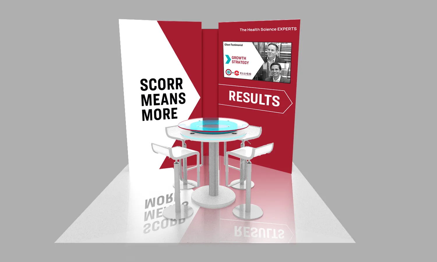 A minimalist 10x10 booth with white high-top seating, a circular SCORR table, and red angled walls showing "SCORR MEANS MORE" and “RESULTS” with a testimonial video screen.