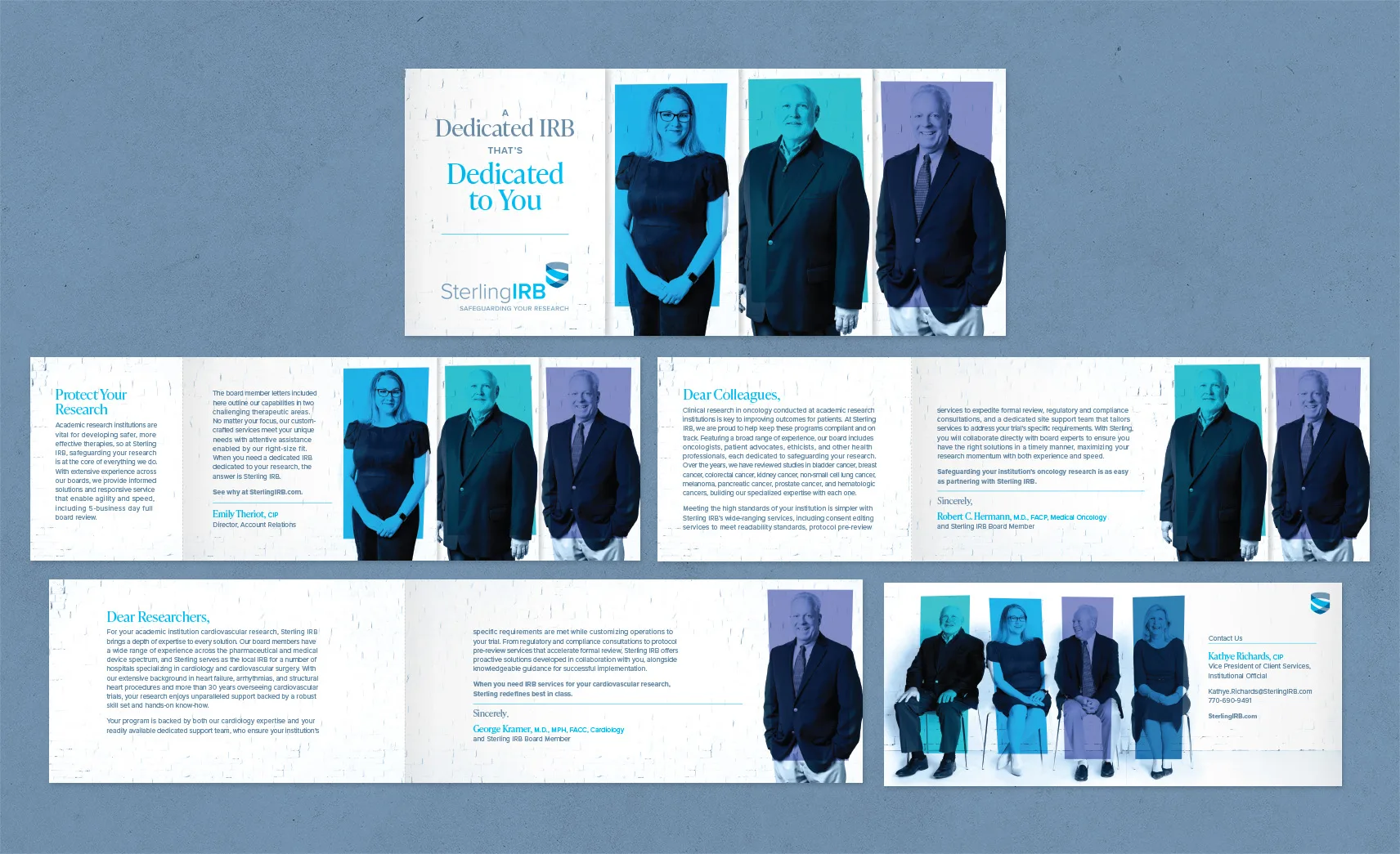 A fold-out brochure from Sterling IRB with photos of board members and messages focused on research protection, ethics, and personalized IRB support for oncology and cardiovascular studies.