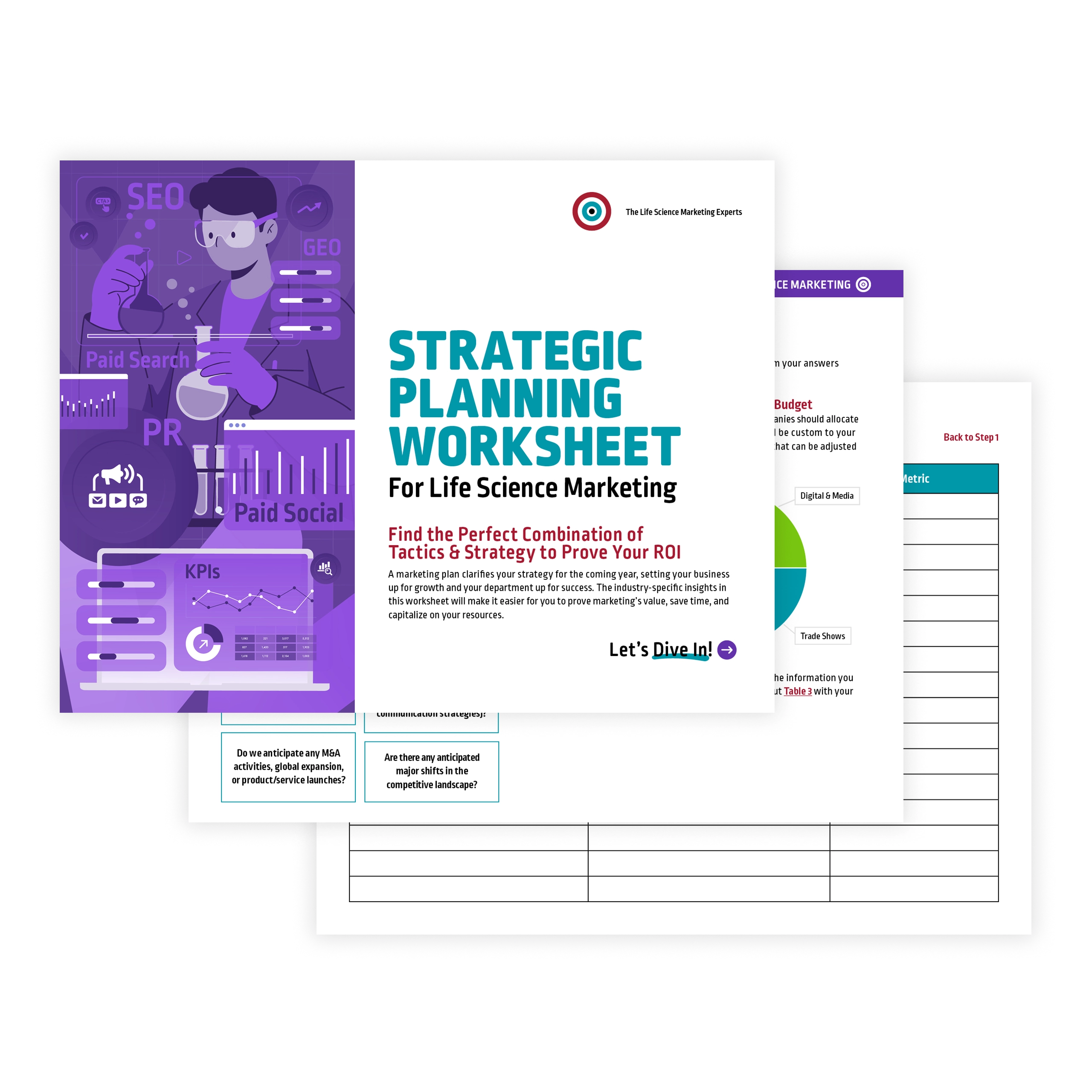 Cover and interior pages of the Strategic Planning Worksheet for Life Science Marketing, showing the purple illustrated cover alongside pages with planning questions, a budget allocation chart, and a blank metrics table.