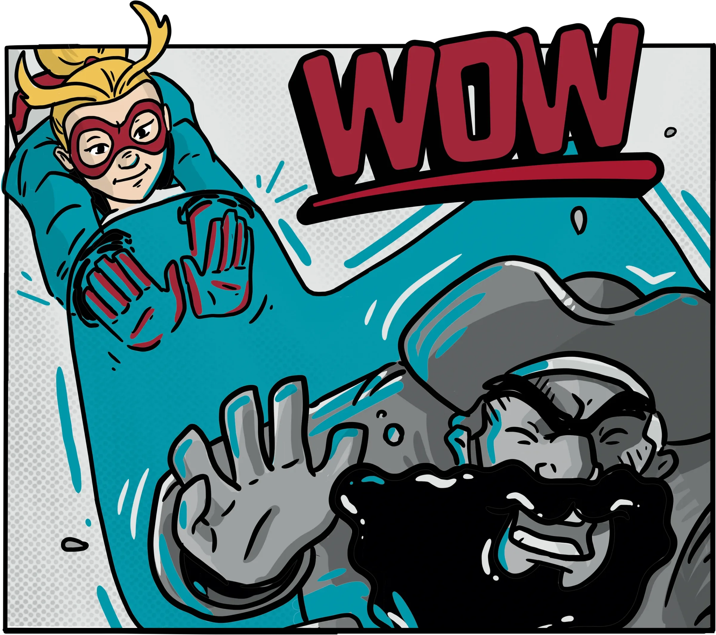 A comic-style scene showing a blonde superhero in red goggles and gloves sliding through a blue swoosh while knocking back a bearded villain, with the word WOW in bold red letters above. The dynamic action visually represents breaking through the sea of sameness in life science marketing, highlighting how SCORR Marketing helps brands stand out from generic competition.