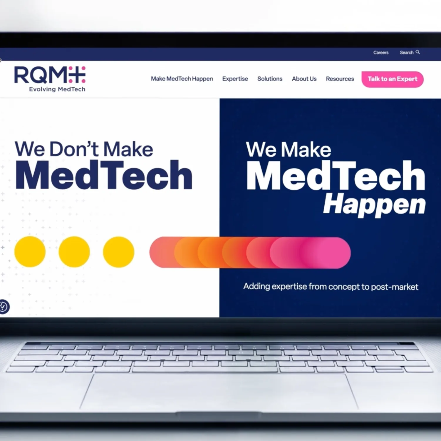 Laptop screen showing the RQM+ website split into contrasting panels with MedTech-focused messaging and colorful graphic elements, used in life science marketing for medical technology services.