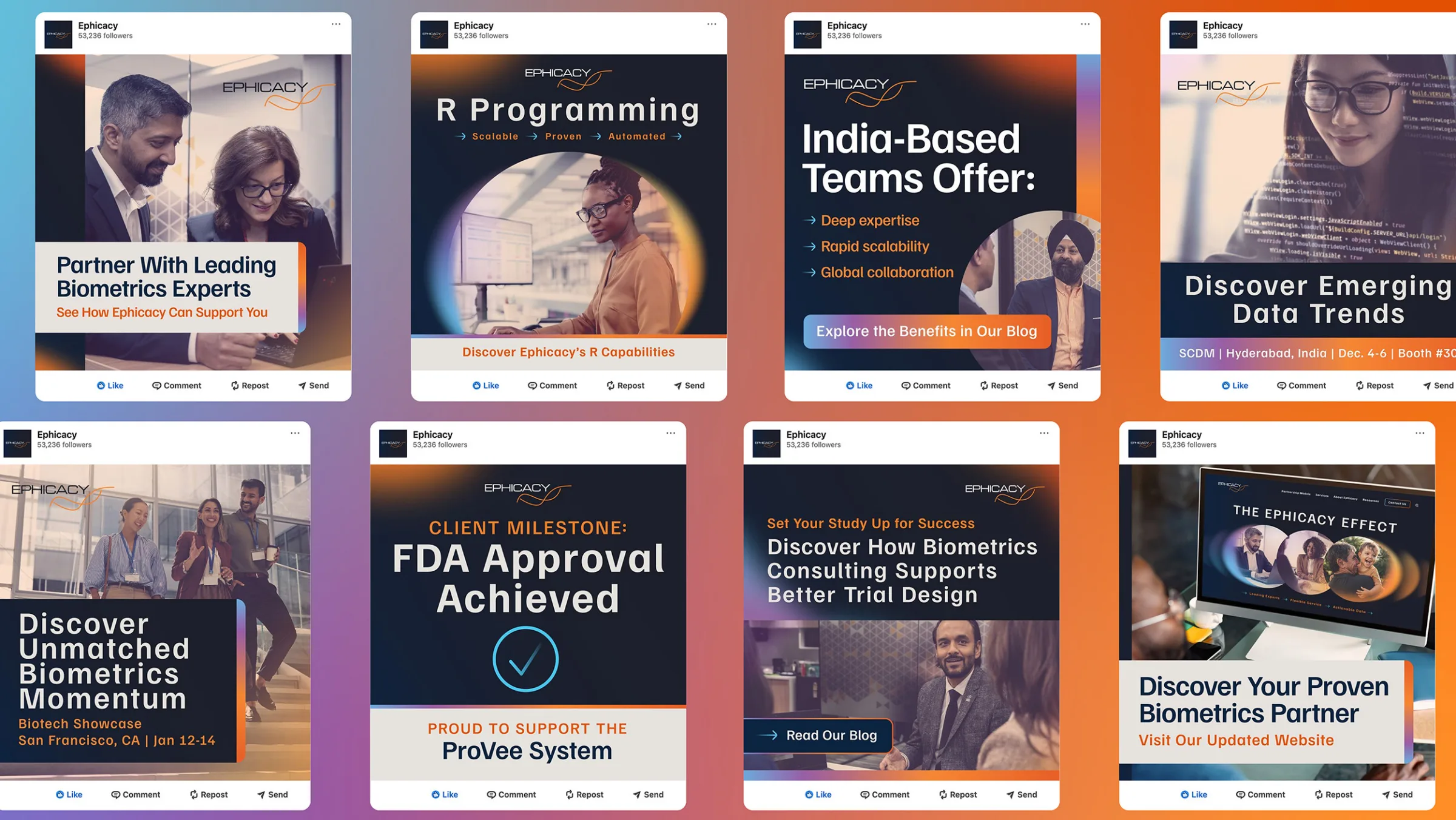 Collection of social media post designs from Ephicacy featuring topics such as biometrics expertise, R programming, India-based teams, FDA approval milestone, and data trends