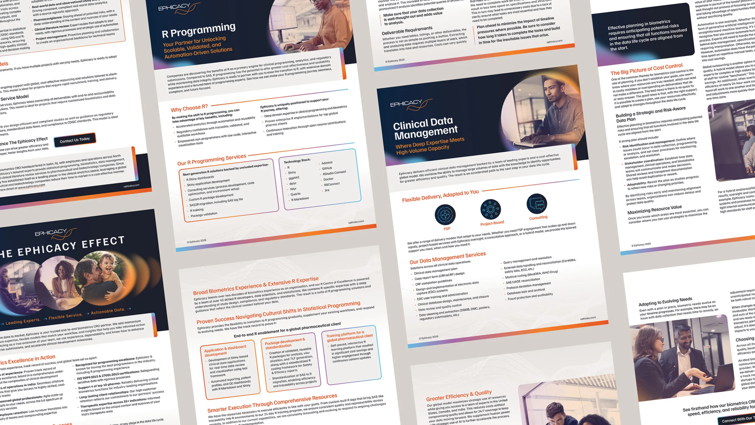 Collage of Ephicacy marketing materials including presentations and documents about R programming, clinical data management, and biometrics services