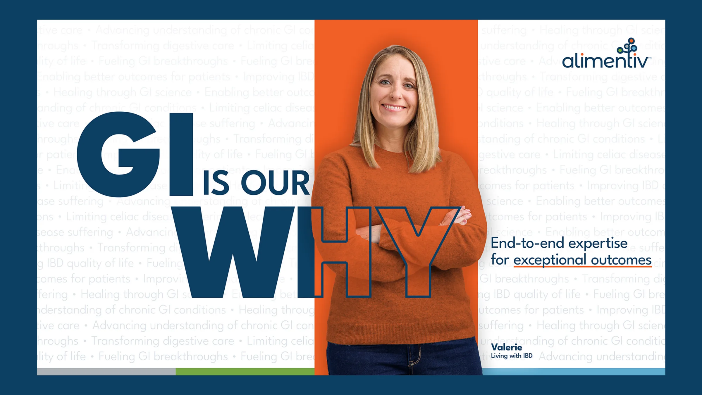 Woman in orange sweater stands with arms crossed against orange background with text GI is our why and Alimentiv branding promoting GI expertise