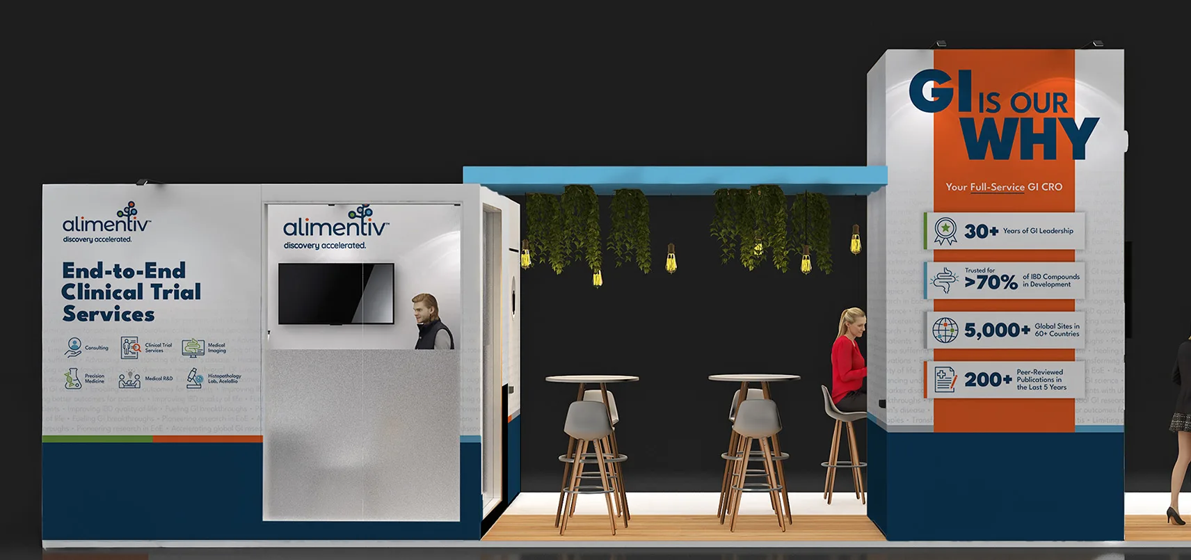 Alimentiv trade show booth highlighting End-to-End Clinical Trial Services and GI expertise, with meeting space, seating, and key stats on display.