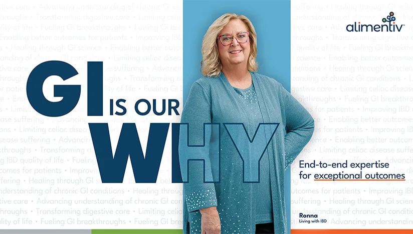 Promotional poster with woman in teal outfit and text GI is our why with messaging about end to end expertise for exceptional outcomes