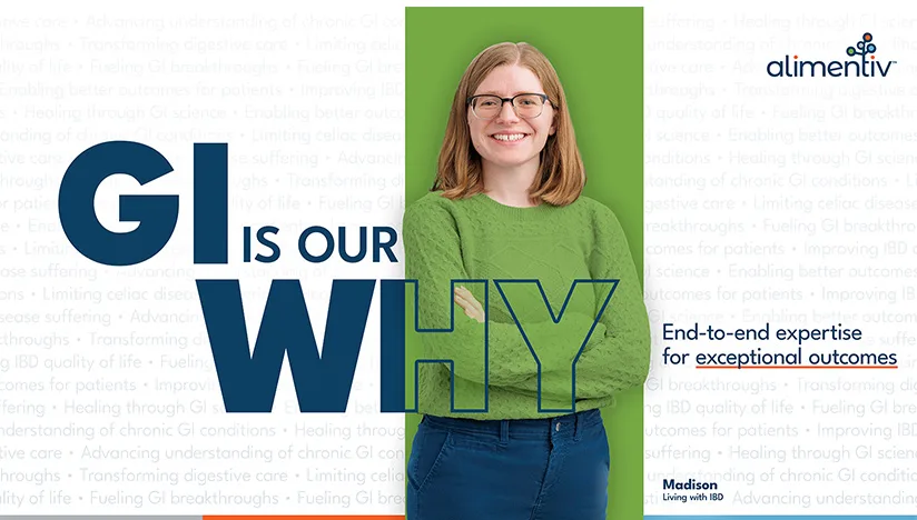 Promotional poster with woman in green sweater smiling with text GI is our why and supporting message about GI expertise