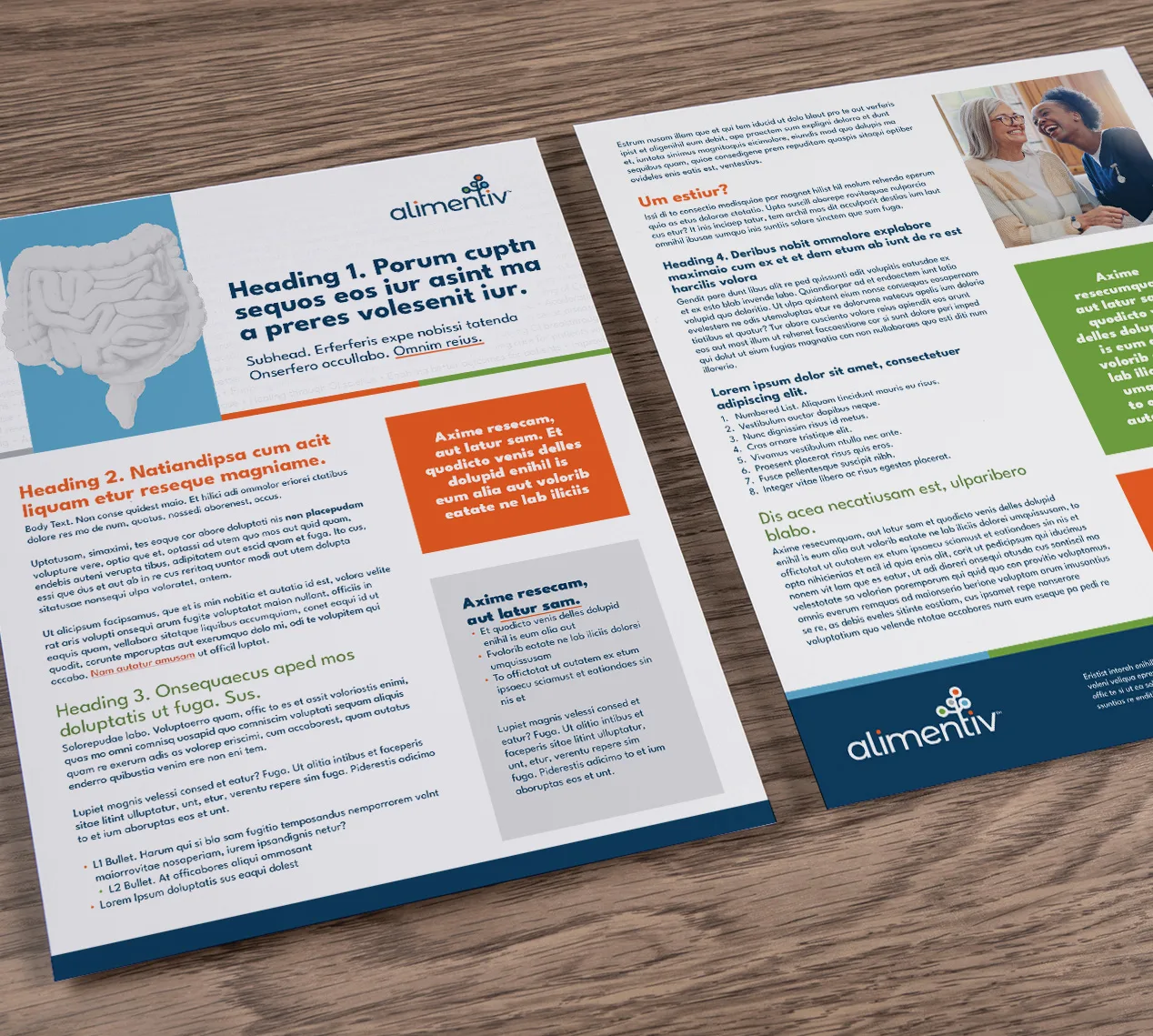 Printed insert sheets laid out on table with Alimentiv branding headings body text and digestive system illustration