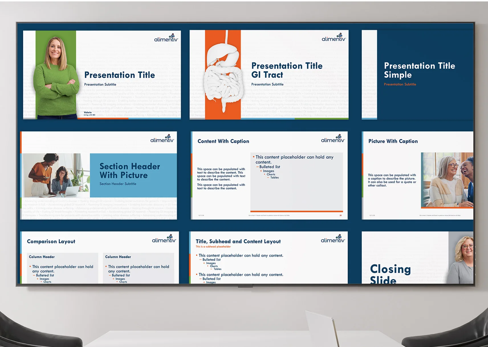 Presentation slide templates displayed on large screen showing layouts for titles content comparisons and images with Alimentiv branding
