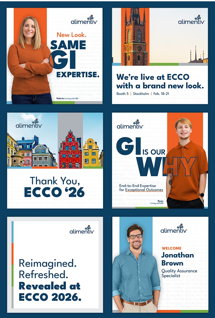 Social media style graphics featuring Alimentiv branding including GI is our why campaign ECCO event promotion and team member introduction posts
