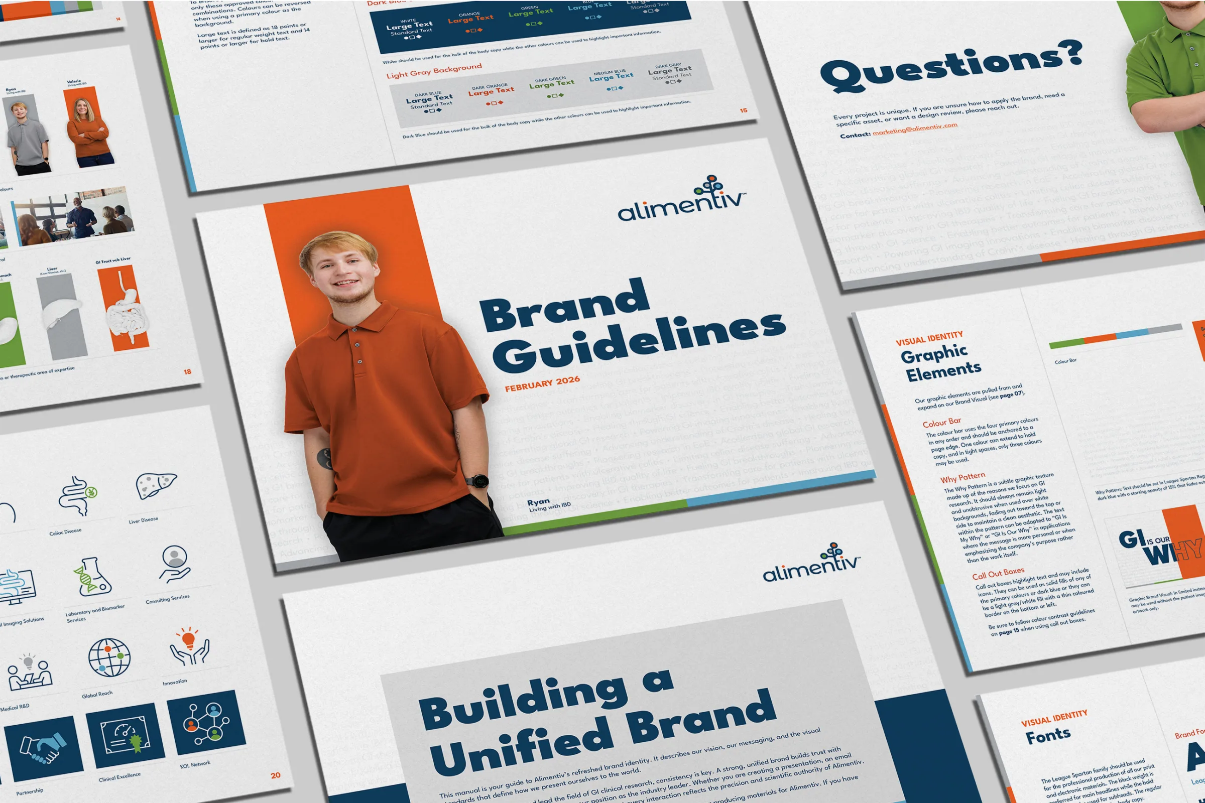 Brand guidelines booklet spread showing Alimentiv visual identity layouts typography color usage and sample designs