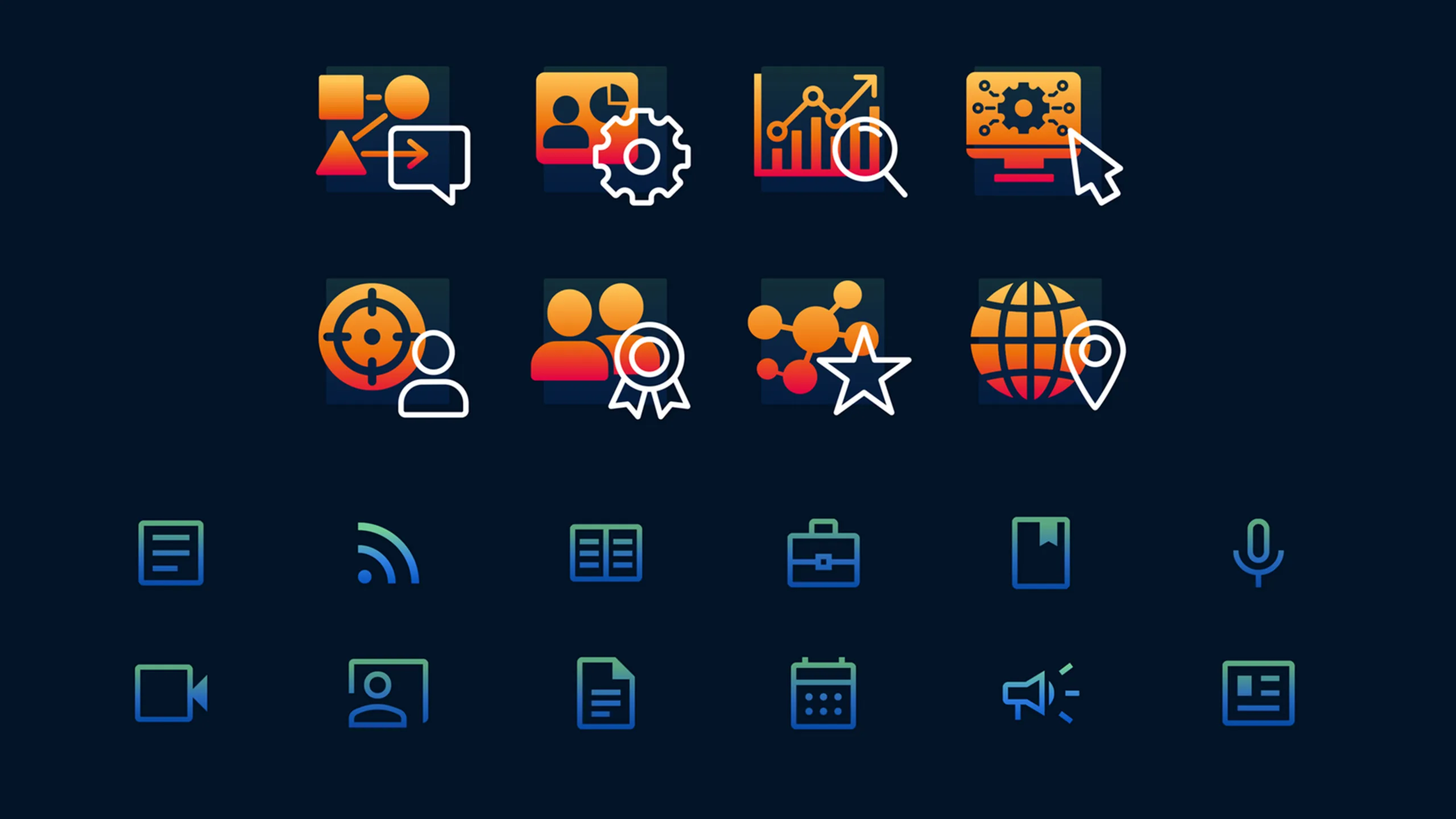 Set of colorful icons representing analytics collaboration global reach and technology on dark background