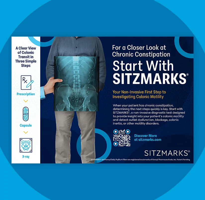 Medical advertisement showing torso with abdominal X ray overlay and text promoting SITZMARKS as a non invasive test for chronic constipation with steps prescription capsule and X ray