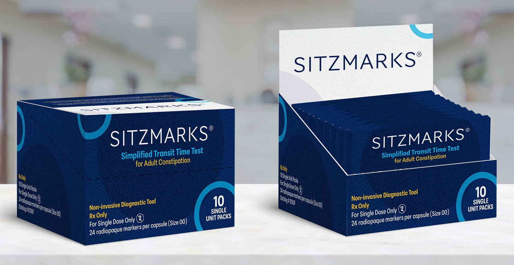 Product packaging boxes labeled SITZMARKS simplified transit time test for adult constipation with details about non invasive diagnostic use and single unit packs