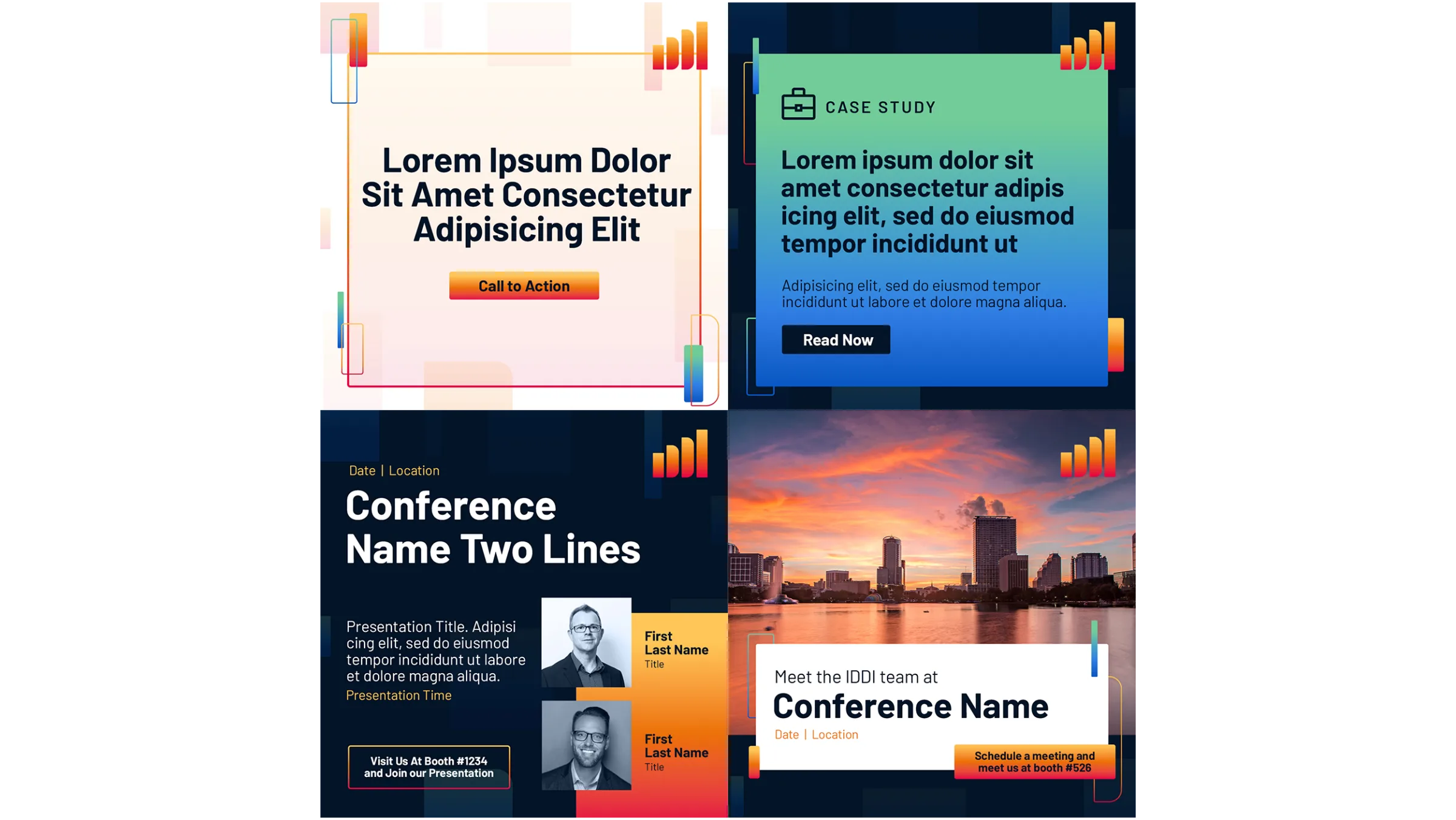 Four IDDI branded social media templates: a general announcement, a case study, a conference presentation with speaker headshots, and a conference meeting invite.
