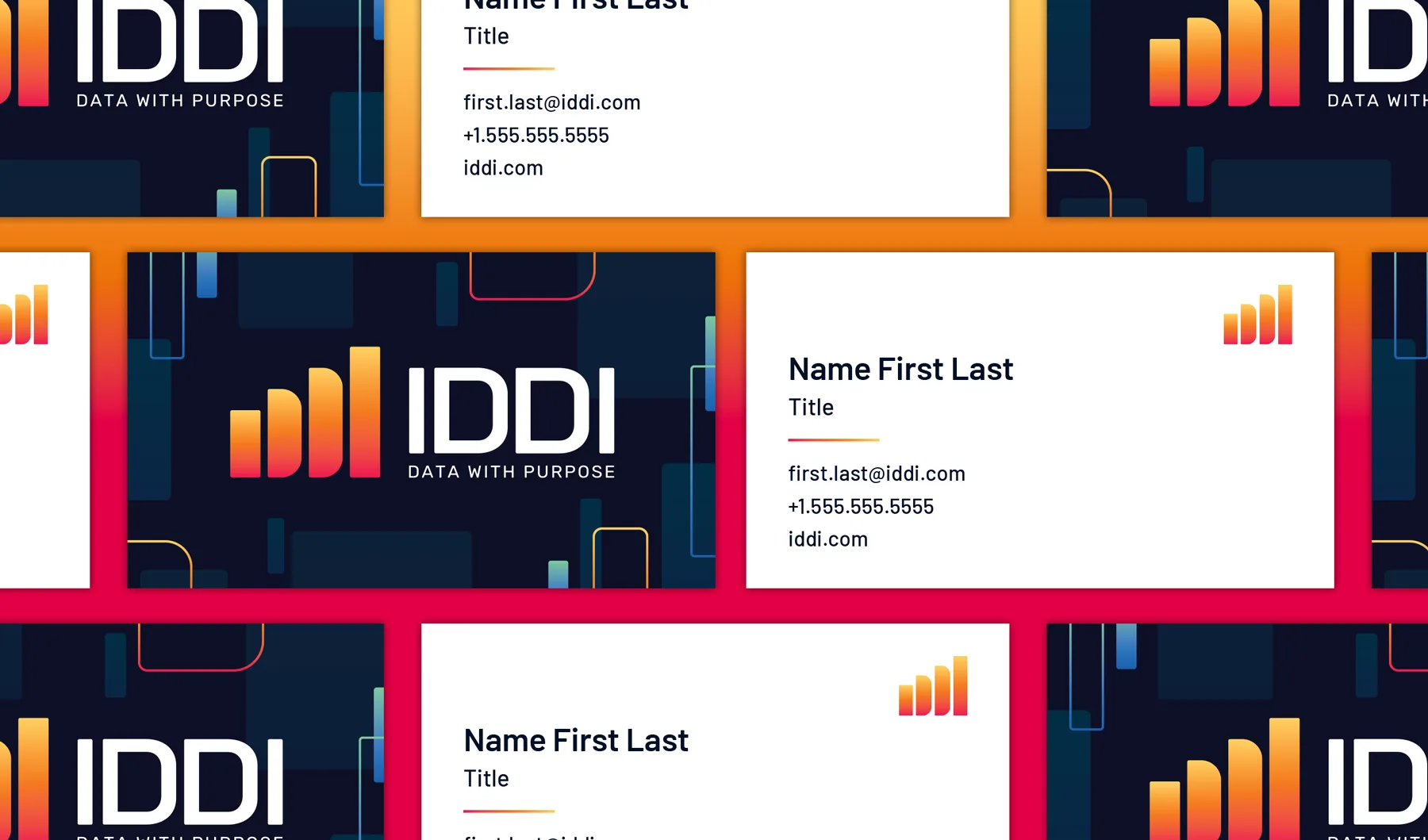 IDDI Data With Purpose branded business cards showing logo, name, title, email, phone, and website on dark navy and white layouts.