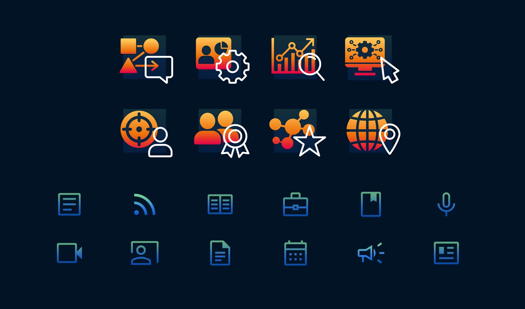 Two rows of colorful IDDI service icons above two rows of teal outline icons representing data, communication, and business functions.