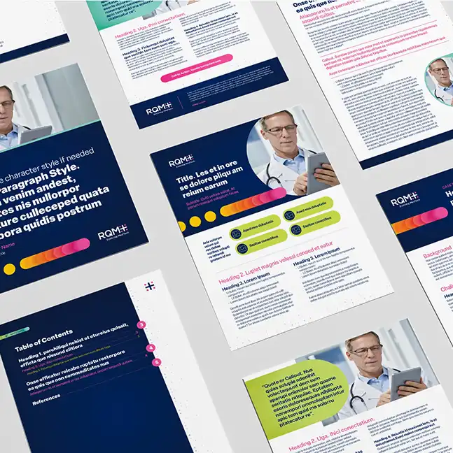 A fanned-out collection of RQM+ branded marketing collateral templates, including white papers and case studies in navy and green.