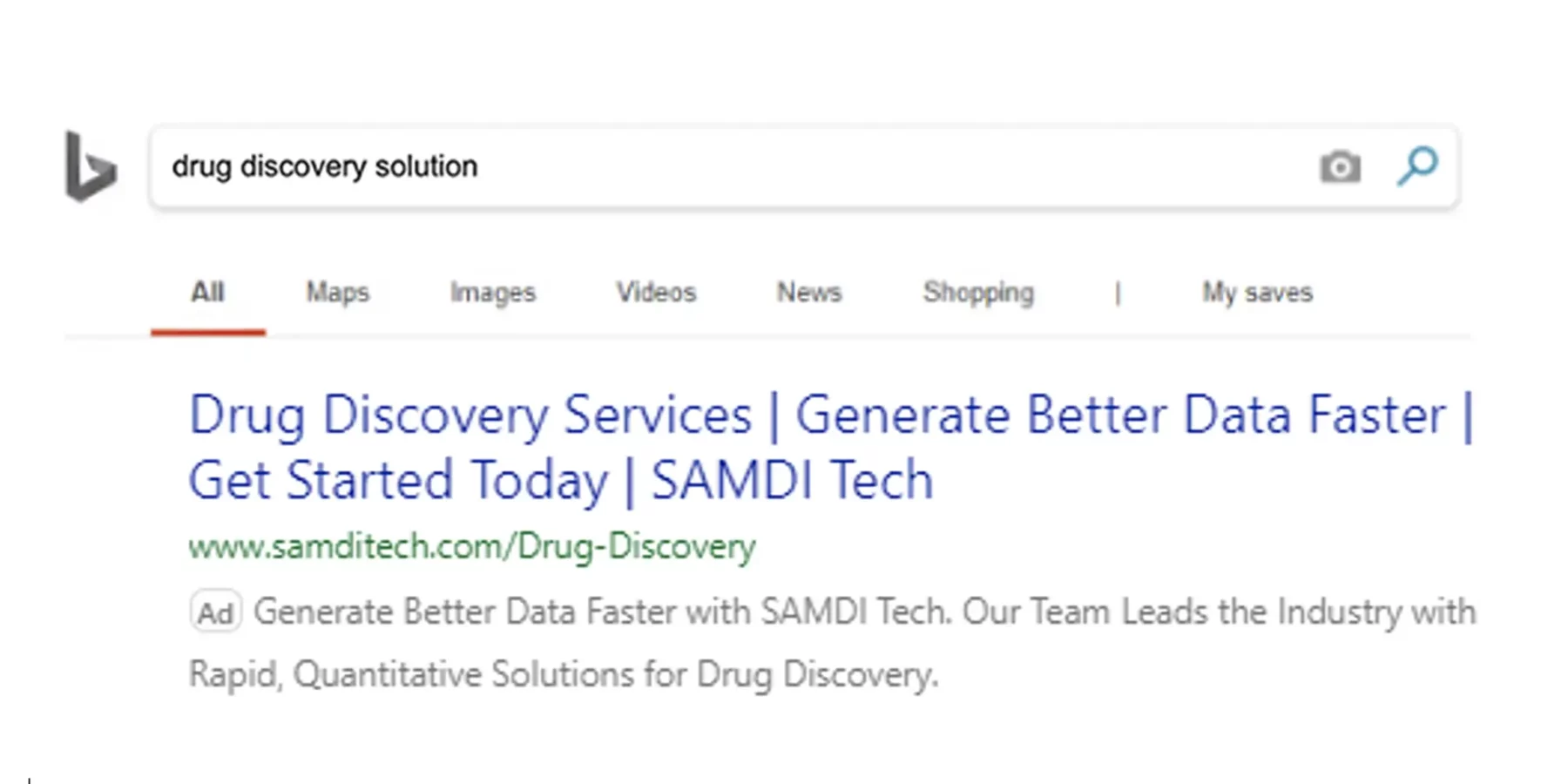 screenshot of a Bing search result for drug discovery solution 